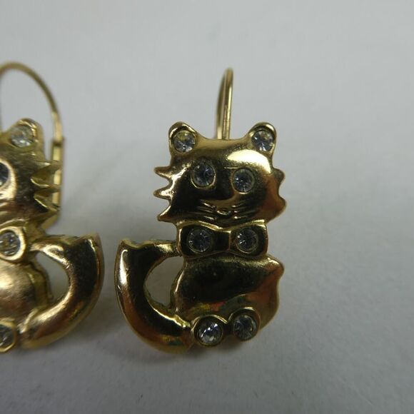 Gold Tone Kitty Cat Kitten Rhinestone Drop Lever Back Pierced Earrings Kitties - Picture 3 of 6